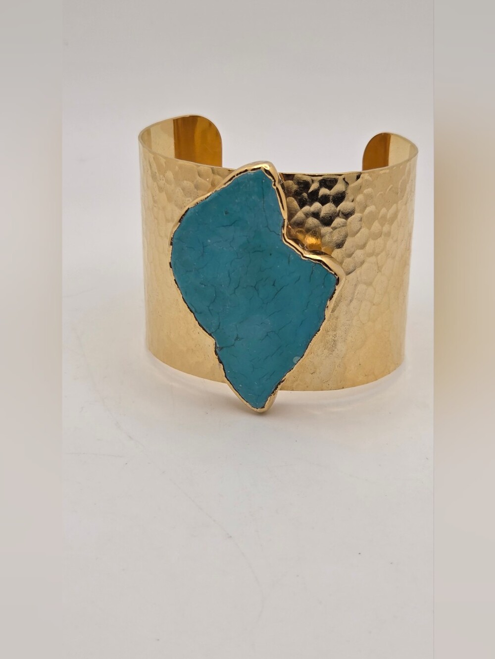 Modern Gold Plated Hammered Cuff with Turquoise-tone Stone Freeform Slice Boho